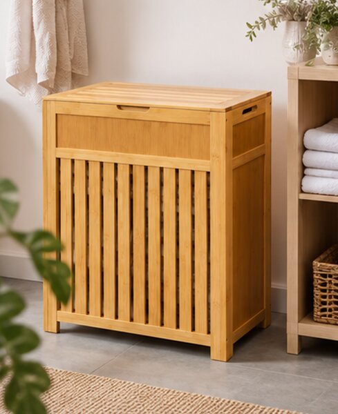 Koš na prádlo, s víkem, 80 l, bambus/dřevo, 63x51x28 cm, přírodní, Dekorino KP20260010