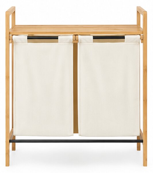 Koš na prádlo, 2 vaky, 46 l, bambus/látka, 71x63x33 cm, přírodní/krémová, Dekorino KP20260009