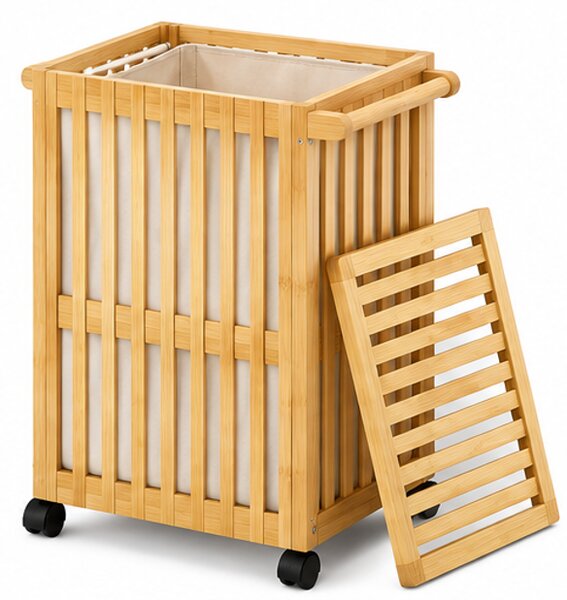 Koš na prádlo, 2x80 l, kolečka, bambus/látka, 71x43x43 cm, přírodní/krémová, Dekorino KP20260008