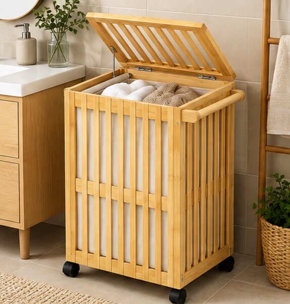 Koš na prádlo, 2x80 l, kolečka, bambus/látka, 71x43x43 cm, přírodní/krémová, Dekorino KP20260008