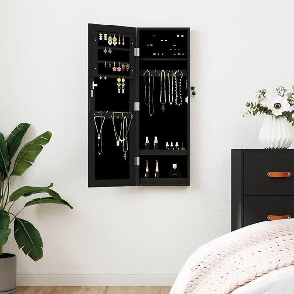 Zrcadlová skříňka na zeď, černá, rozměry 30 x 8,5 x 90 cm, materiál: dřevovláknitá deska, vnitřní výstelka z textilu, uzamykatelná, s háčky a policemi, vhodná do ložnice, koupelny a chodby