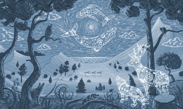 FUGU Dětská tapeta Magická noční krajina modrá – Spirit Night Blue Materiál: Digitální eko vlies - klasická tapeta nesamolepicí