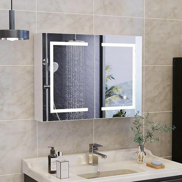 Zrcadlová skříňka do koupelny s osvětlením, šířka 80 cm, dvoudveřová. Koupelnová skříňka se zrcadlem, LED skříňka do koupelny se zrcadlem a úložným prostorem, dotykový spínač, nástěnná skříňka, bílá barva