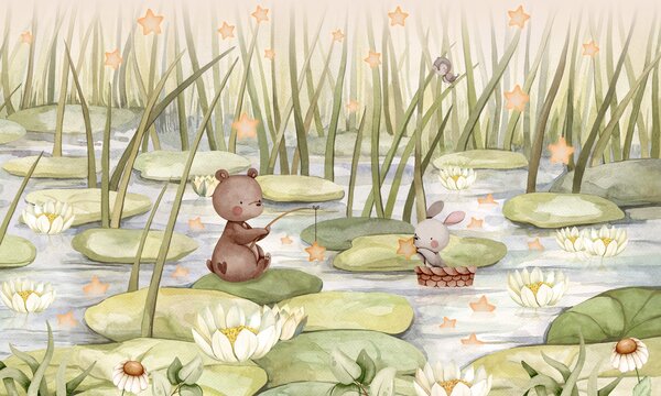 FUGU Dětská tapeta Kouzelné jezírko s hvězdami – Starry Pond Materiál: Digitální eko vlies - klasická tapeta nesamolepicí