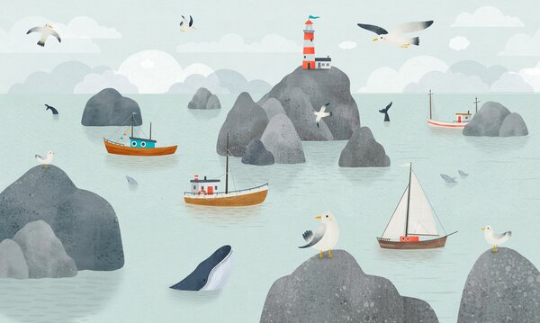 FUGU Dětská tapeta Přístavní příběhy – Seaside stories Materiál: Digitální eko vlies - klasická tapeta nesamolepicí