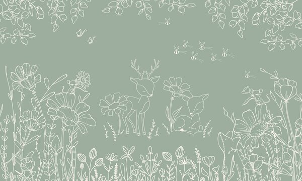 FUGU Dětská tapeta Srnky a květiny zelená – Deer Doodles Green Materiál: Digitální eko vlies - klasická tapeta nesamolepicí