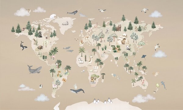 FUGU Tapeta pro děti Mapa světa se zvířátky – Animal Atlas Brown Materiál: Digitální eko vlies - klasická tapeta nesamolepicí
