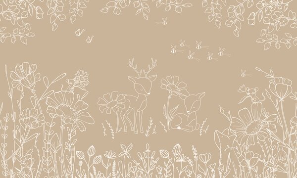 FUGU Dětská tapeta Srnky a květiny béžová – Deer Doodles Brown Materiál: Digitální eko vlies - klasická tapeta nesamolepicí