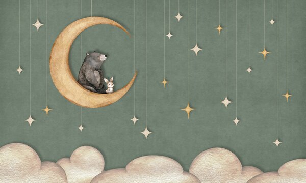 FUGU Dětská tapeta Medvídek na měsíci a hvězdy zelená – Bear on the Moon Green Materiál: Digitální eko vlies - klasická tapeta nesamolepicí