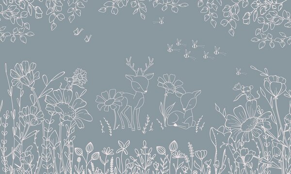 FUGU Dětská tapeta Srnky a květiny modrá – Deer Doodles Blue Materiál: Digitální eko vlies - klasická tapeta nesamolepicí