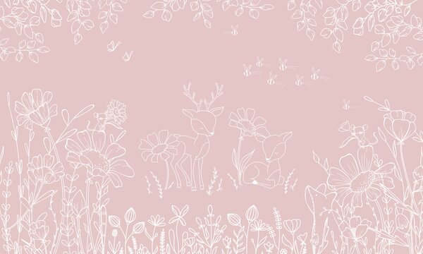 FUGU Dětská tapeta Srnky a květiny růžová – Deer Doodles Pink Materiál: Digitální eko vlies - klasická tapeta nesamolepicí