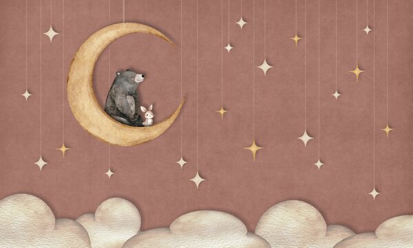 FUGU Dětská tapeta Medvídek na měsíci a hvězdy růžová – Bear on the Moon Pink Materiál: Digitální eko vlies - klasická tapeta nesamolepicí