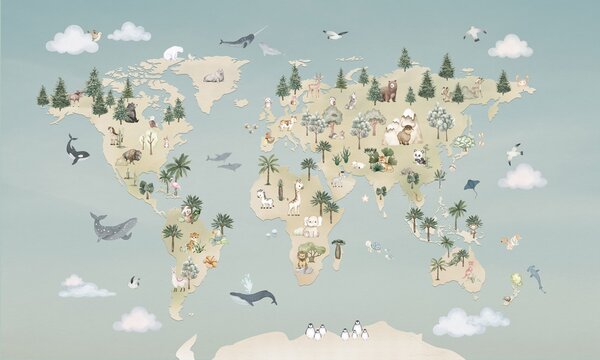 FUGU Dětská tapeta Mapa světa se zvířátky – Animal Atlas Blue Materiál: Digitální eko vlies - klasická tapeta nesamolepicí
