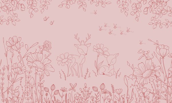 FUGU Dětská tapeta Srnky a květiny tmavě růžová – Deer Doodles Pink Dark Materiál: Digitální eko vlies - klasická tapeta nesamolepicí
