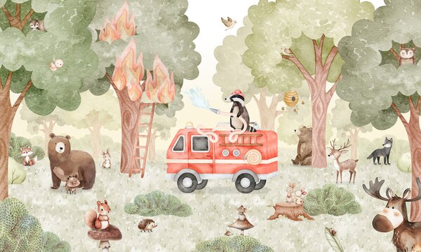 FUGU Dětská tapeta Lesní hasiči – Forest Fire Fighter Materiál: Digitální eko vlies - klasická tapeta nesamolepicí
