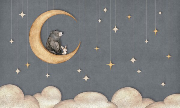 FUGU Dětská tapeta Medvídek na měsíci a hvězdy – Bear on the Moon Blue Materiál: Digitální eko vlies - klasická tapeta nesamolepicí