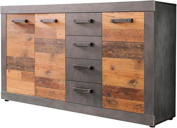 - Indy - Komoda - Grafitová barva/Imitace starého dubu - 4 zásuvky, 4 přihrádky - (ŠxVxH) 151 x 86 x 37 cm - Komoda v rustikálním stylu