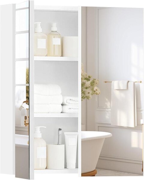 Skříňka do koupelny se zrcadlem, se 2 dvířky, s nastavitelnou policí, široká bílá skříňka se zrcadlem do koupelny, rozměry 50 x 13 x 60 cm