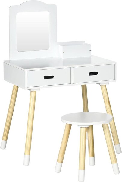 Dětský toaletní stolek s židličkou, zrcadlem a dvěma zásuvkami, vhodný pro děti ve věku 3–6 let – rozměry 60 x 40 x 95 cm – bílá barva a dřevo | Toaletní stolek, zrcadlo, 2 zásuvky