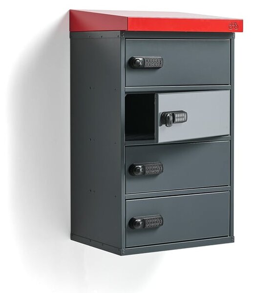AJ Produkty Úložná skříň VOLT, na baterie do elektrokola, nástěnná, 4 přihrádky, 913x514x455 mm, tmavě šedá