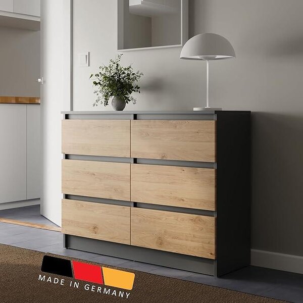Komoda se 6 zásuvkami, barva antracit, Imitace dřeva Artisan Oak. Skříň se zásuvkami, komoda, vysoká komoda, nábytek do obývacího pokoje, ložnice, chodby, kanceláře. Organizér. Šířka 95 cm, výška 78 cm