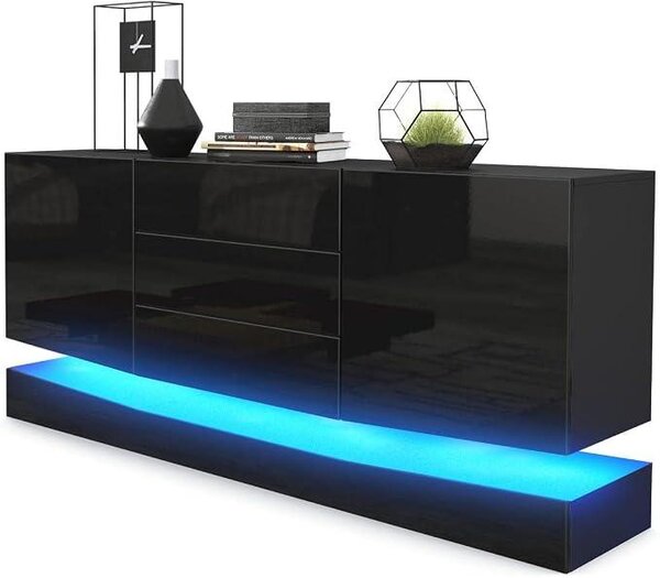 Komoda Sideboard City, vyrobená v Německu, černá matná/černá lesklá, včetně LED osvětlení – moderní komoda do obývacího pokoje (178 x 72 x 38 cm)