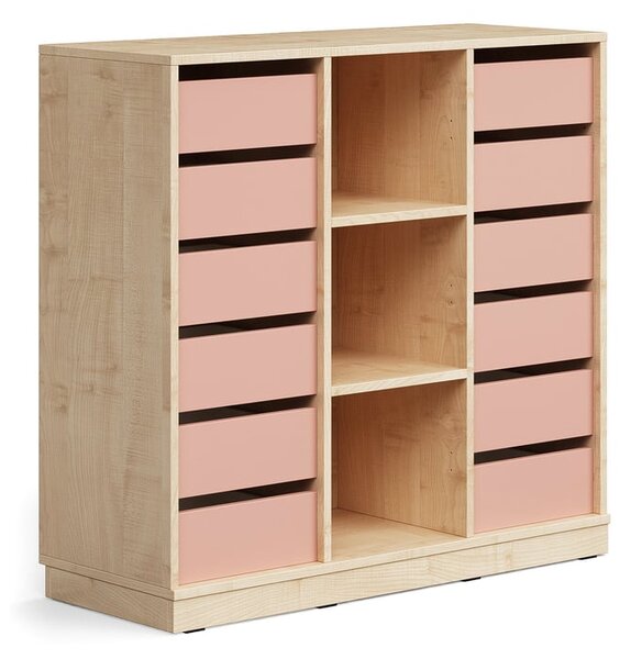 AJ Produkty Skříňka CASPER, 12 zásuvek, 3 přihrádky, sokl, bříza/tmavě růžová