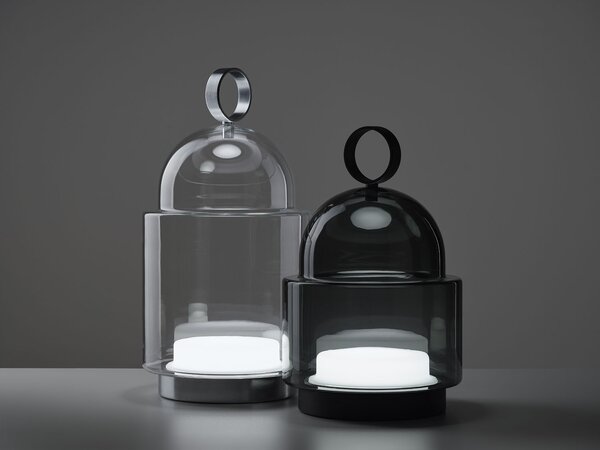 Venkovní designová lampa Brokis Dome Nomad Small PC1265, IP44 Povrch Montury: Nerezová ocel - broušená, Barva skla: Šedá kouřová - transparentní sklo, Dekor skla: Bez dekoru