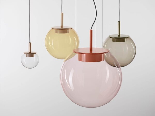 Designová závěsné svítidlo Brokis Orbis PC1290, ø 30cm Povrch Montury: kov - černý matný komaxit (CCS846), Barva skla: světle růžová - transparentní sklo (CGC46), Povrchová úprava baldachýnu: kov - černý matný komaxit (CCSC619)