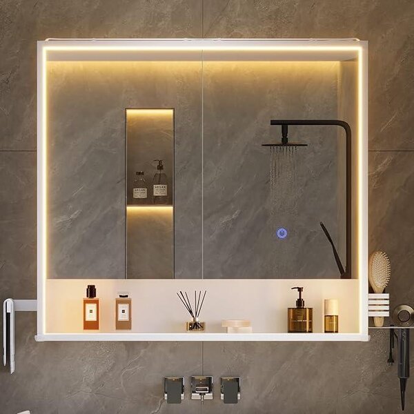 Zrcadlová skříňka s LED osvětlením, 2 dveře, rozměry 80x78x18 cm, zásuvka, dotykový senzor a 3 nastavitelné teploty světla – včetně držáku na fén, držáku na ručník a nastavitelné vnitřní police – bílá barva