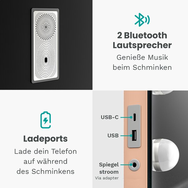 Zrcadlo Mirlux Hollywood, rozměry 80 x 60 cm, barva růžové zlato, s Bluetooth reproduktorem