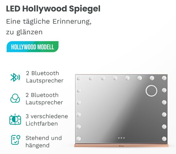 Zrcadlo Mirlux Hollywood, rozměry 80 x 60 cm, barva růžové zlato, s Bluetooth reproduktorem