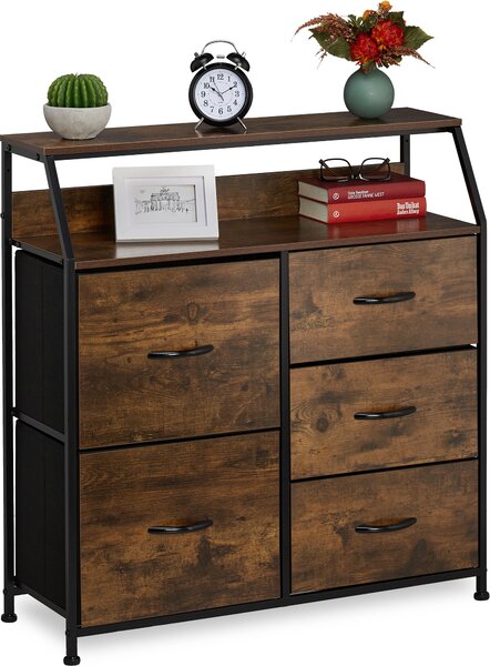Komoda Relaxdays, 5 zásuvek, 2 police, na knihy a dekorace, komoda s policemi v industriálním stylu, VxxH: 87x84x32 cm, hndá/erná
