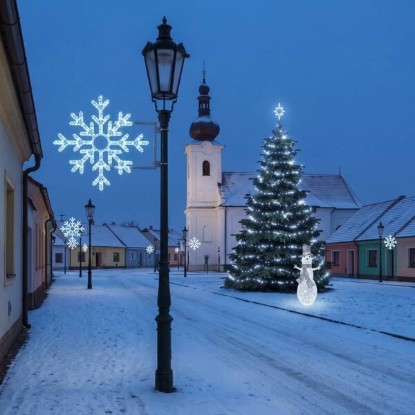 DECOLED Vianočná sada pre obce: ľadová vločka X, strom 6–8 m Flash, 8× vločka X na verejné osvetlenie, 3D LED snehuliak 107 cm, ľadovo biela