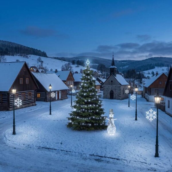 DECOLED Vianočná sada pre obce „Ľadová vločka V“, strom 3–5 m, 8× vločka V na verejné osvetlenie, 3D LED snehuliak 107 cm, ľadovo biela