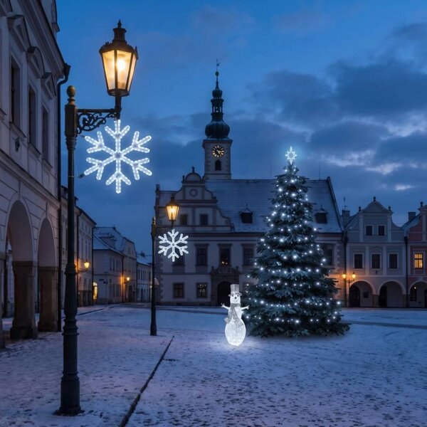 DECOLED Vianočná sada pre obce „Ľadová vločka V“, strom 3–5 m, 8× vločka V na verejné osvetlenie, 3D LED snehuliak 107 cm, ľadovo biela