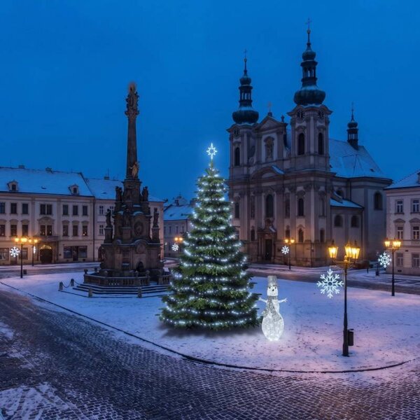 DECOLED Vianočná sada pre obce: ľadová vločka X, strom 6–8 m Flash, 8× vločka X na verejné osvetlenie, 3D LED snehuliak 107 cm, ľadovo biela