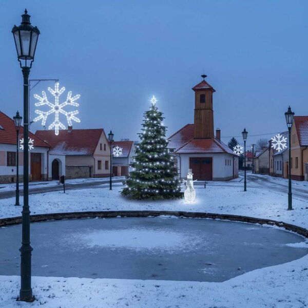 DECOLED Vianočná sada pre obce „Ľadová vločka V“, strom 3–5 m, 8× vločka V na verejné osvetlenie, 3D LED snehuliak 107 cm, ľadovo biela