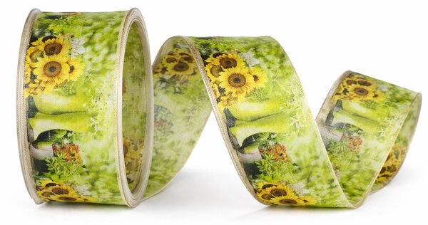 Taftová stuha SUNFLOWER GARDEN – letní zahradní motiv se slunečnicemi 40mm x 2m (9,-Kč/m)