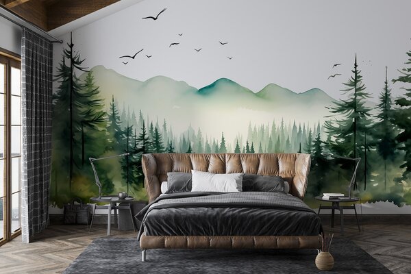 Fototapety Akvarel lesní a horské krajiny, zelená paleta barev , Fototapety příroda, w02150 : uwalls.cz