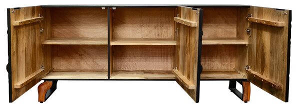 Designový etno třídveřový příborník Cumbria z černého a hnědého mangového dřeva s 3D dekorem listů a větví 160 cm