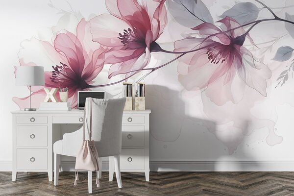 Fototapety Jemné průhledné růžové a šedé květy s jemnými, rozmazanými okvětními lístky na, Fototapety les, Fototapety stromy, w08429 : uwalls.cz