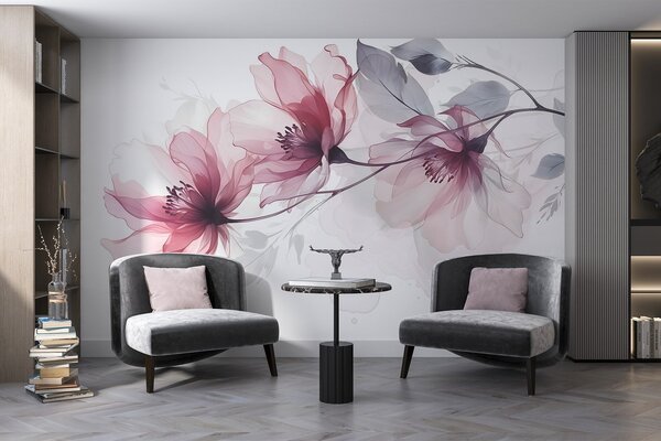 Fototapety Jemné průhledné růžové a šedé květy s jemnými, rozmazanými okvětními lístky na, Fototapety les, Fototapety stromy, w08429 : uwalls.cz