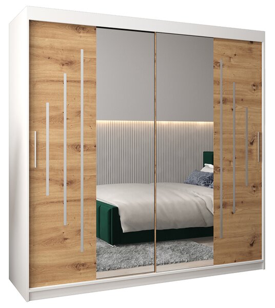 Šatní skříň s posuvnými dveřmi a dvoudílným zrcadlem YORK1 - 200x200cm -Bílá-Dub Artisan-