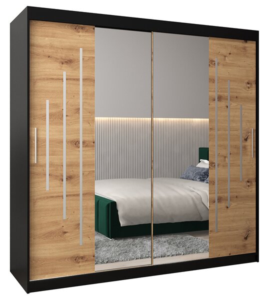 Šatní skříň s posuvnými dveřmi a dvoudílným zrcadlem YORK1 - 200x200cm -Černá-Dub Artisan-