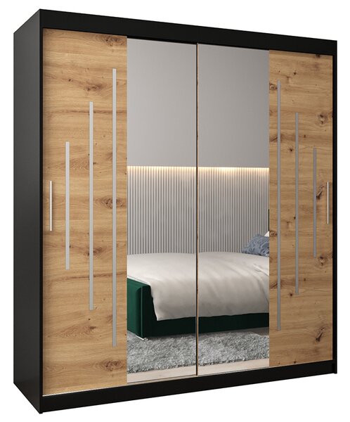 Šatní skříň s posuvnými dveřmi a dvoudílným zrcadlem YORK1 - 180x200cm -Černá-Dub Artisan-