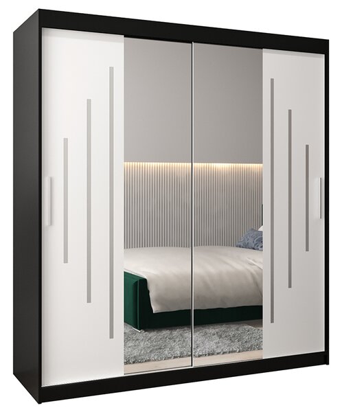 Šatní skříň s posuvnými dveřmi a dvoudílným zrcadlem YORK1 - 180x200cm -Černá-Bílá-