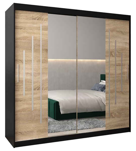 Šatní skříň s posuvnými dveřmi a dvoudílným zrcadlem YORK1 - 200x200cm -Černá-Dub Sonoma-