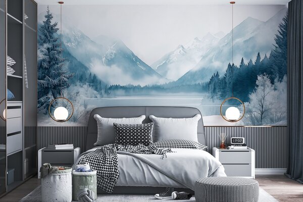 Fototapety Zimní hory, zamrzlé jezero, borový les, modrá paleta barev, akvarelový styl, Fototapety příroda, w02354 : uwalls.cz