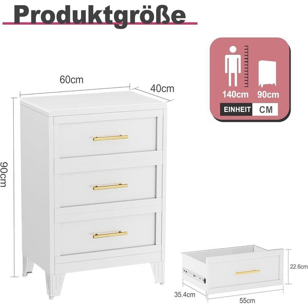 Kovová zásuvková skříň, bílá, výška 90 cm, 3 zásuvky